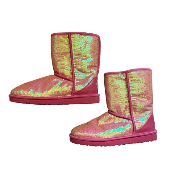 UGG Pink Sparkle Sequin Boots Size 9 - Picture 2 of 7